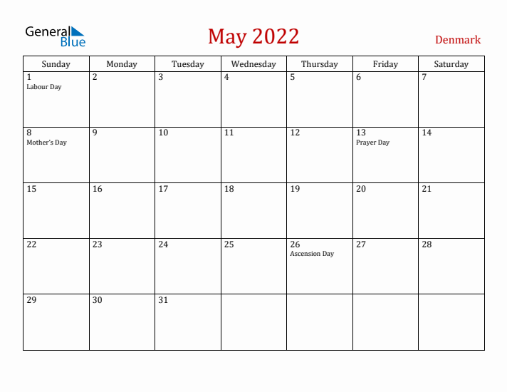 Denmark May 2022 Calendar - Sunday Start