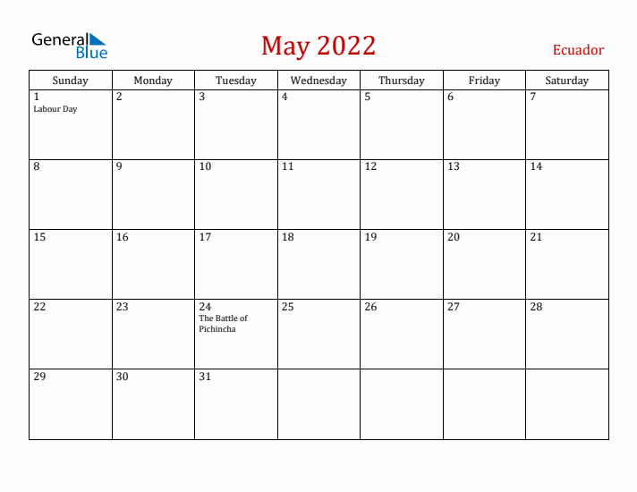 Ecuador May 2022 Calendar - Sunday Start