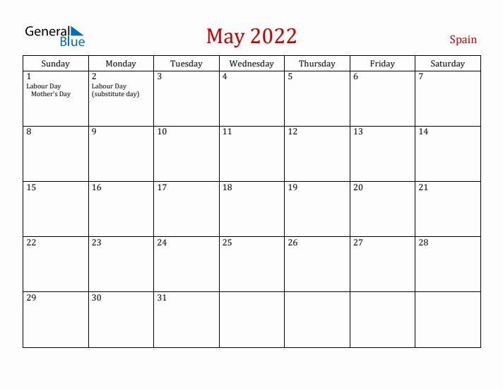 Spain May 2022 Calendar - Sunday Start