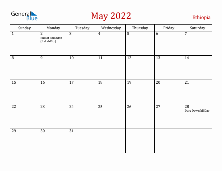 Ethiopia May 2022 Calendar - Sunday Start
