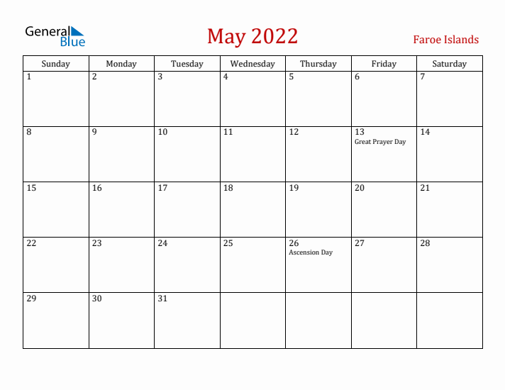 Faroe Islands May 2022 Calendar - Sunday Start