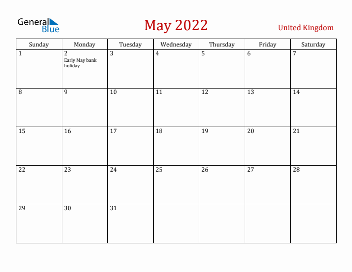 United Kingdom May 2022 Calendar - Sunday Start