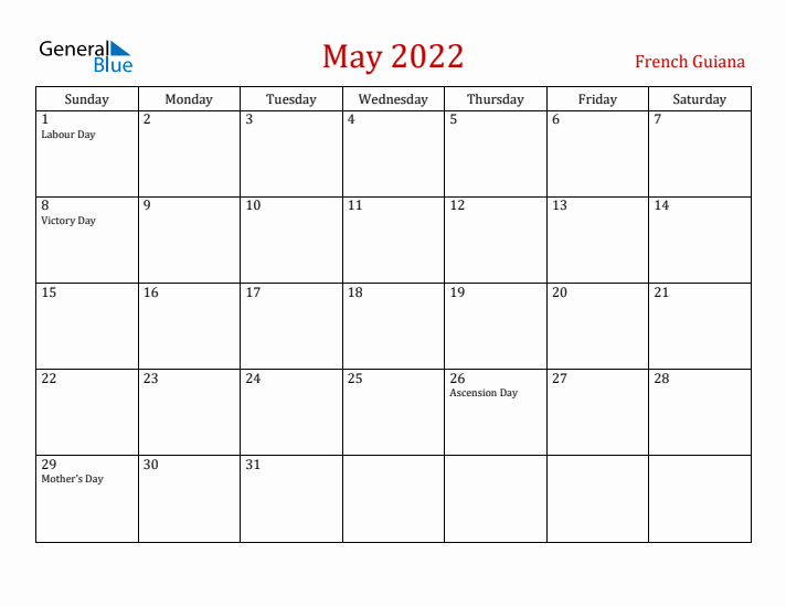 French Guiana May 2022 Calendar - Sunday Start