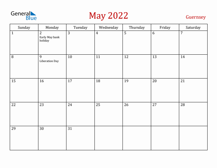 Guernsey May 2022 Calendar - Sunday Start