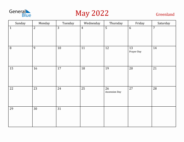 Greenland May 2022 Calendar - Sunday Start