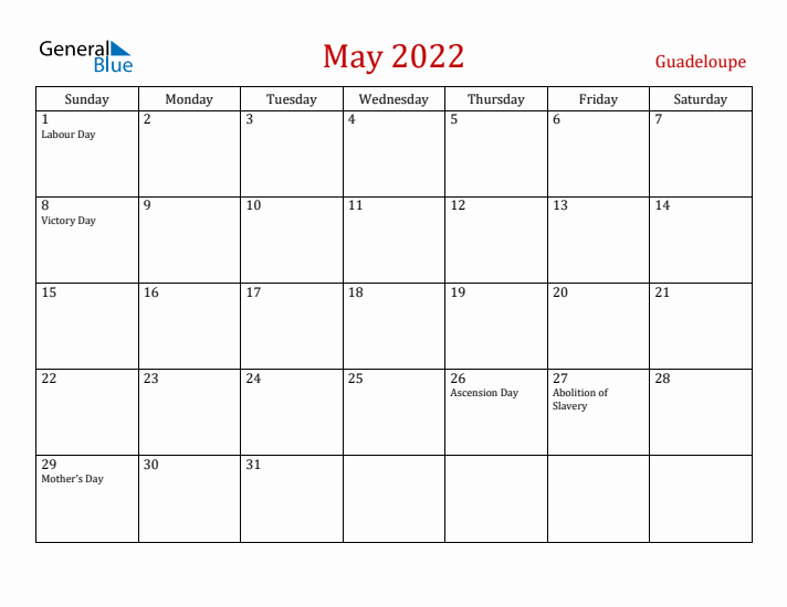 Guadeloupe May 2022 Calendar - Sunday Start