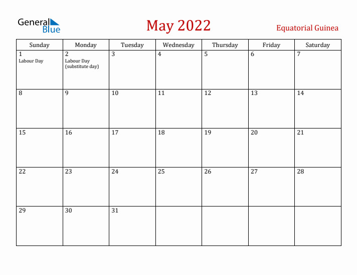 Equatorial Guinea May 2022 Calendar - Sunday Start