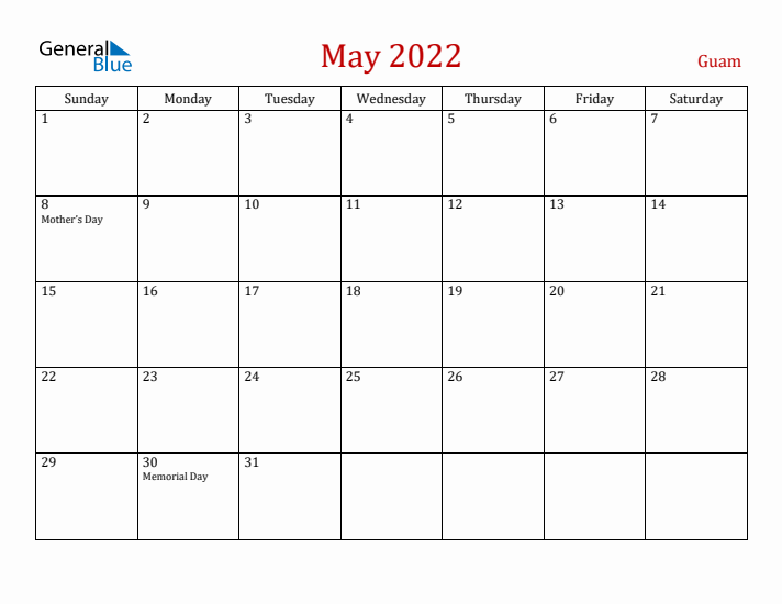 Guam May 2022 Calendar - Sunday Start
