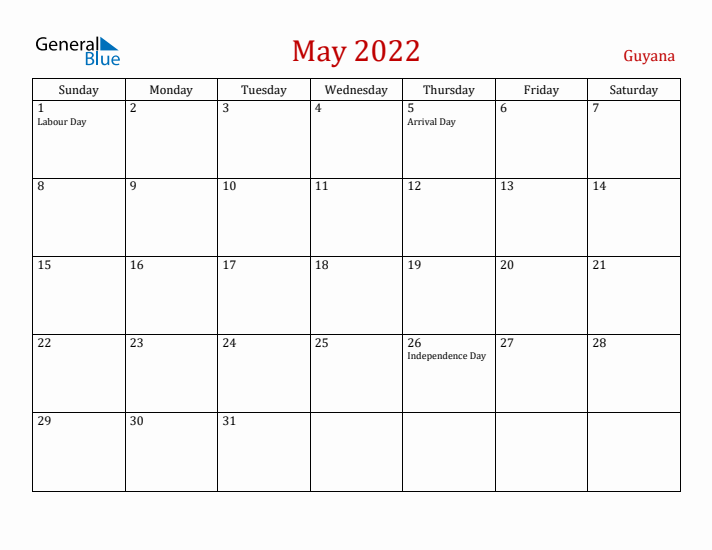 Guyana May 2022 Calendar - Sunday Start