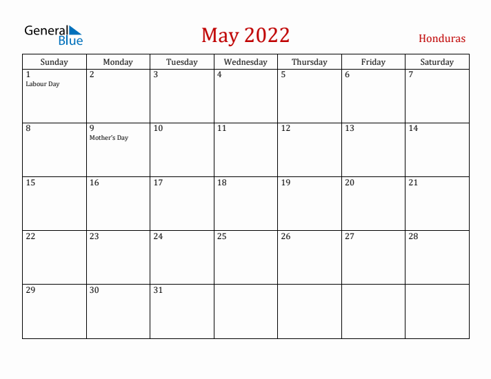 Honduras May 2022 Calendar - Sunday Start
