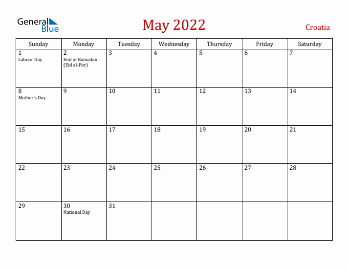 Croatia May 2022 Calendar - Sunday Start