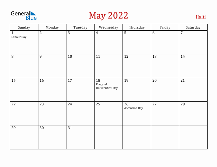 Haiti May 2022 Calendar - Sunday Start