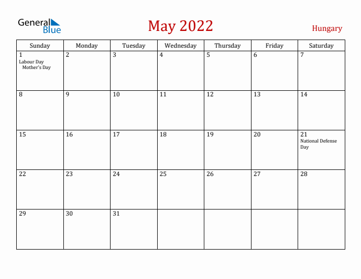 Hungary May 2022 Calendar - Sunday Start