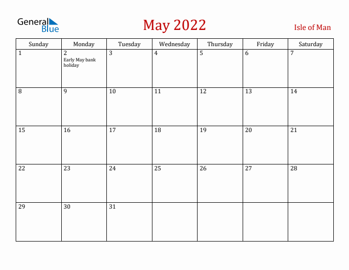 Isle of Man May 2022 Calendar - Sunday Start