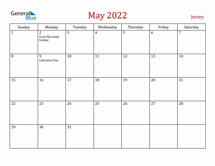Jersey May 2022 Calendar - Sunday Start