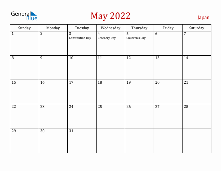 Japan May 2022 Calendar - Sunday Start