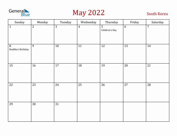 South Korea May 2022 Calendar - Sunday Start