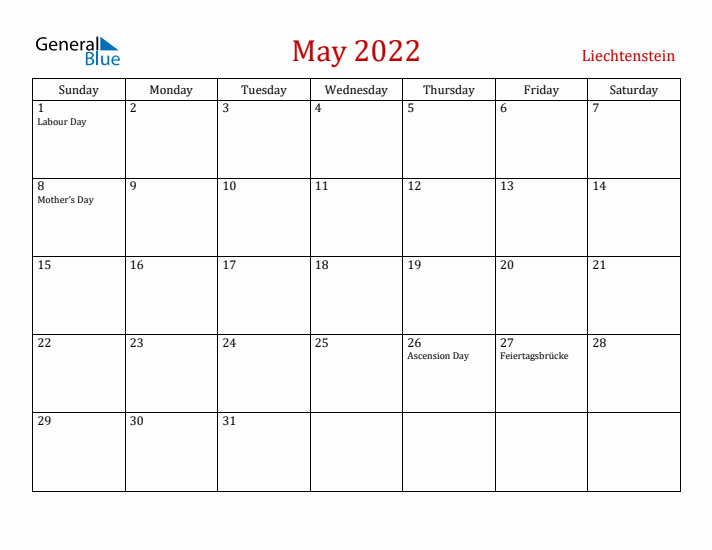 Liechtenstein May 2022 Calendar - Sunday Start