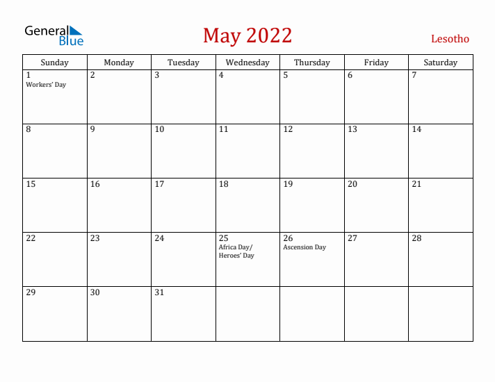 Lesotho May 2022 Calendar - Sunday Start