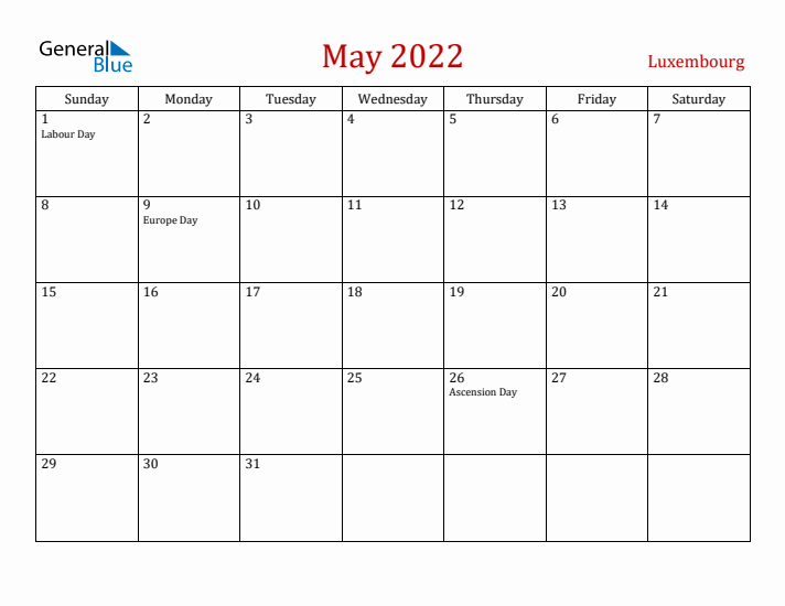 Luxembourg May 2022 Calendar - Sunday Start