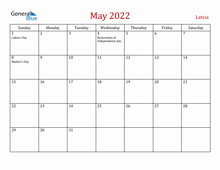 Latvia May 2022 Calendar - Sunday Start