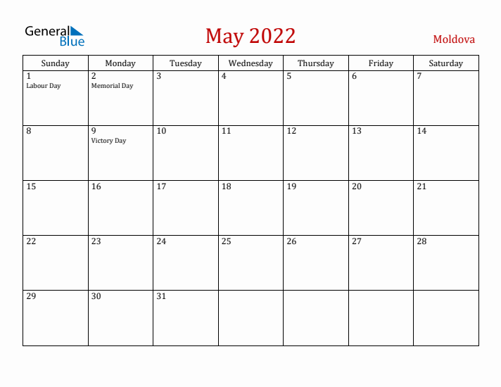 Moldova May 2022 Calendar - Sunday Start