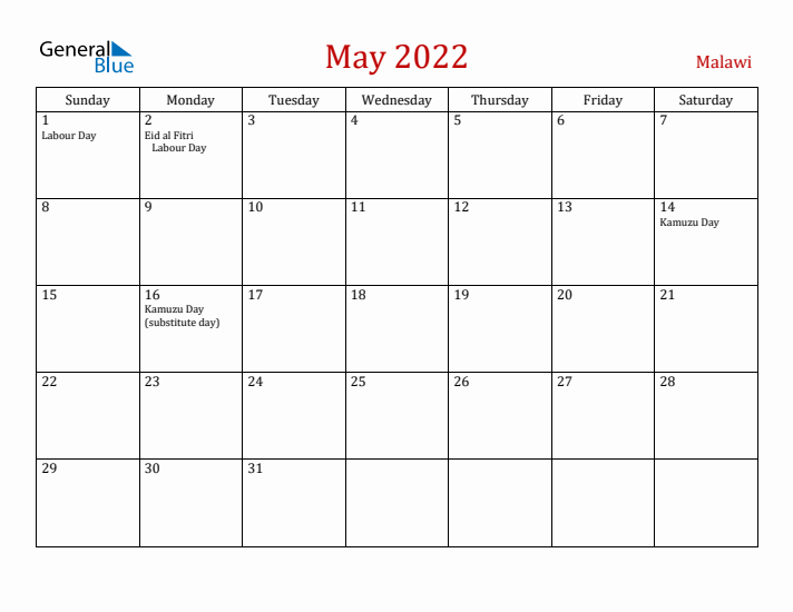 Malawi May 2022 Calendar - Sunday Start