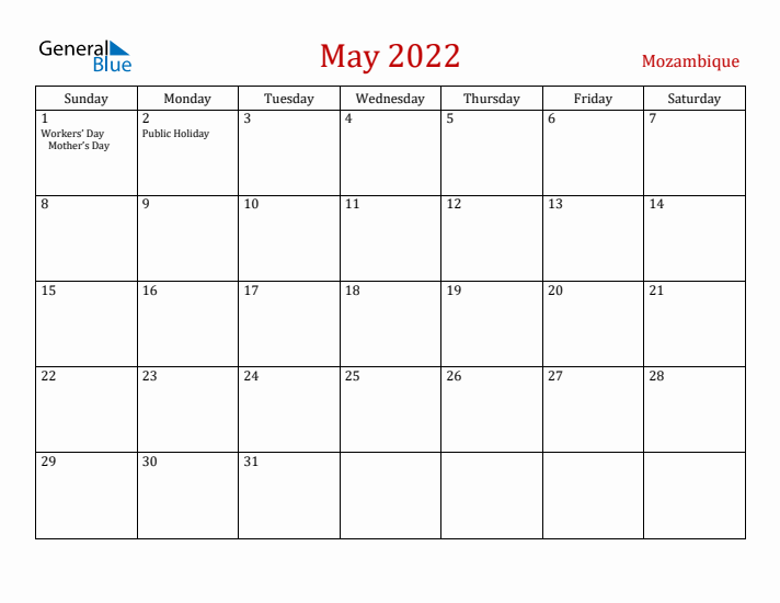 Mozambique May 2022 Calendar - Sunday Start