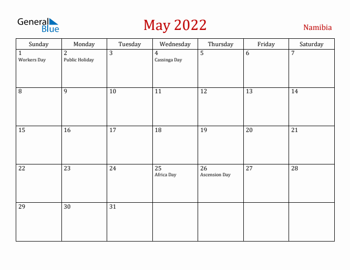 Namibia May 2022 Calendar - Sunday Start