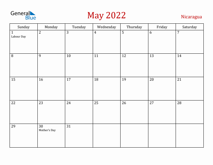 Nicaragua May 2022 Calendar - Sunday Start