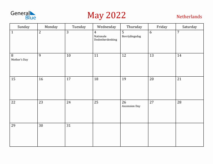 The Netherlands May 2022 Calendar - Sunday Start