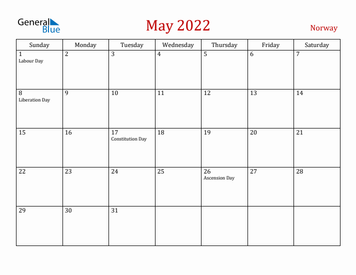 Norway May 2022 Calendar - Sunday Start