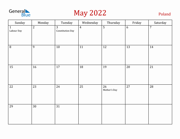 Poland May 2022 Calendar - Sunday Start