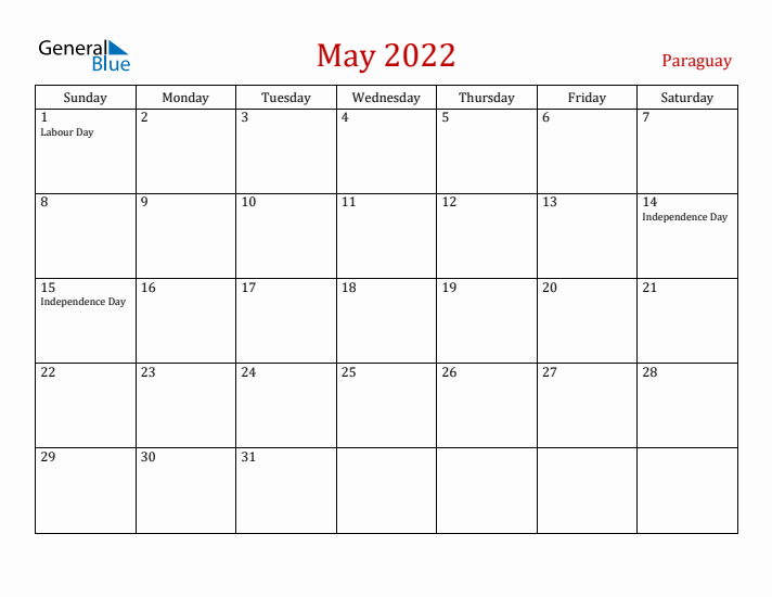Paraguay May 2022 Calendar - Sunday Start