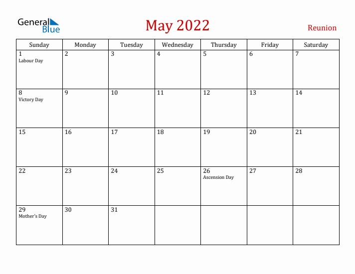 Reunion May 2022 Calendar - Sunday Start