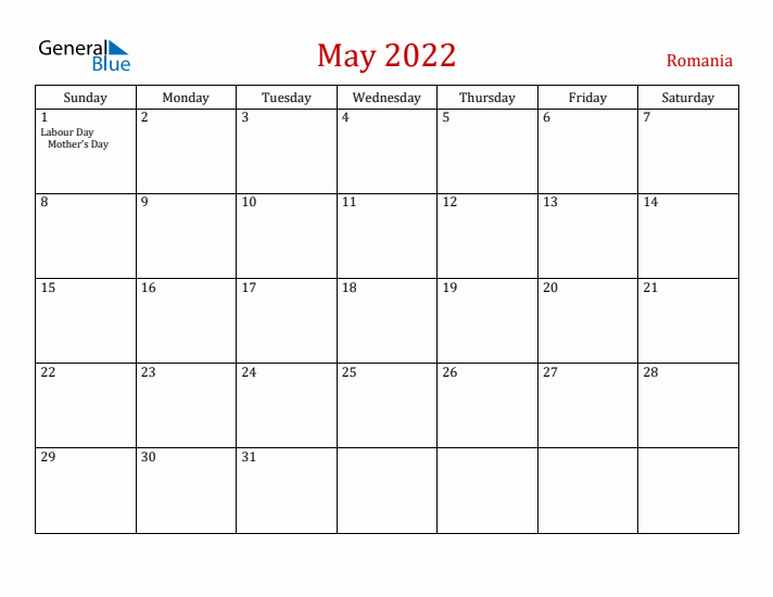 Romania May 2022 Calendar - Sunday Start