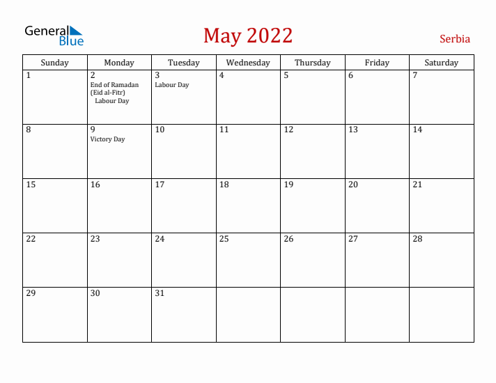 Serbia May 2022 Calendar - Sunday Start