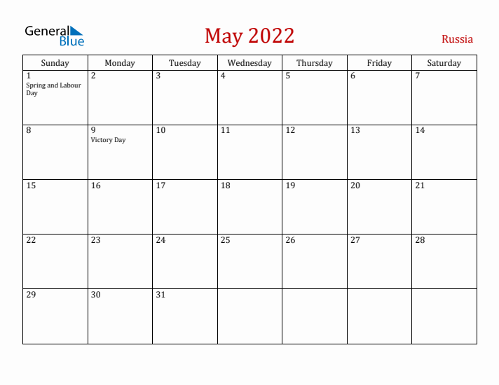 Russia May 2022 Calendar - Sunday Start