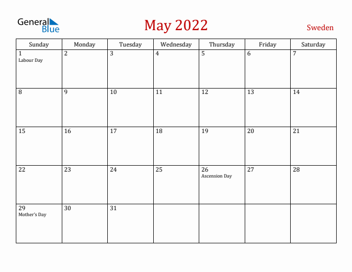 Sweden May 2022 Calendar - Sunday Start
