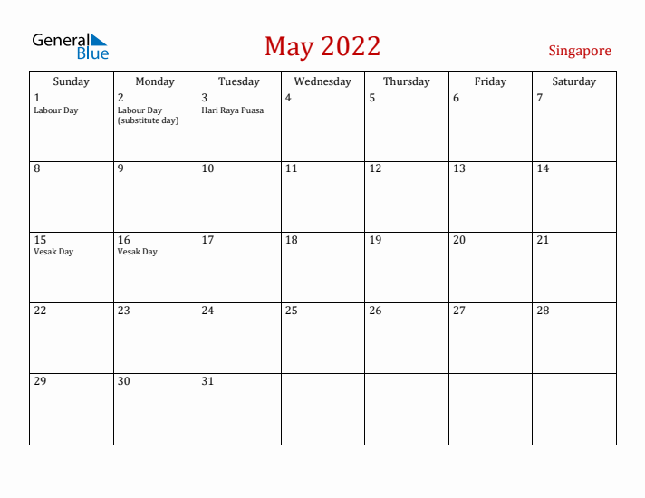 Singapore May 2022 Calendar - Sunday Start