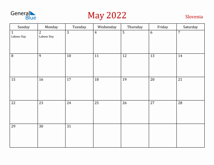 Slovenia May 2022 Calendar - Sunday Start