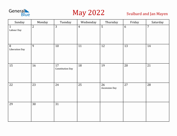 Svalbard and Jan Mayen May 2022 Calendar - Sunday Start