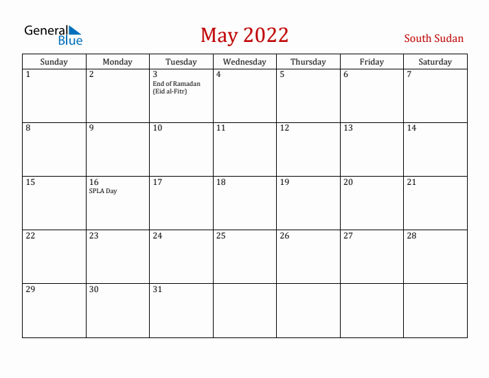 South Sudan May 2022 Calendar - Sunday Start