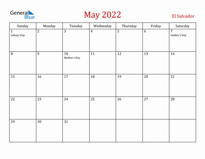 El Salvador May 2022 Calendar - Sunday Start