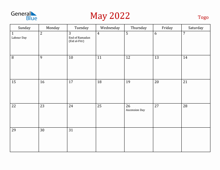 Togo May 2022 Calendar - Sunday Start