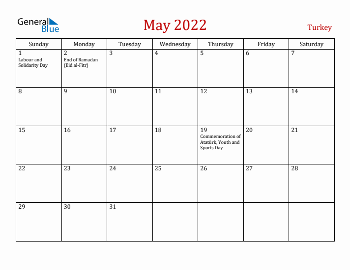 Turkey May 2022 Calendar - Sunday Start