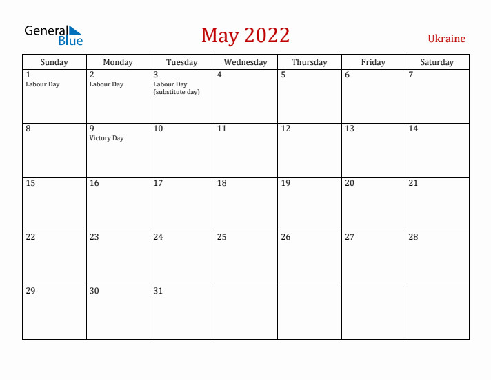 Ukraine May 2022 Calendar - Sunday Start