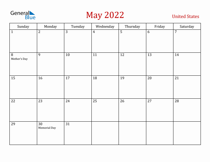 United States May 2022 Calendar - Sunday Start