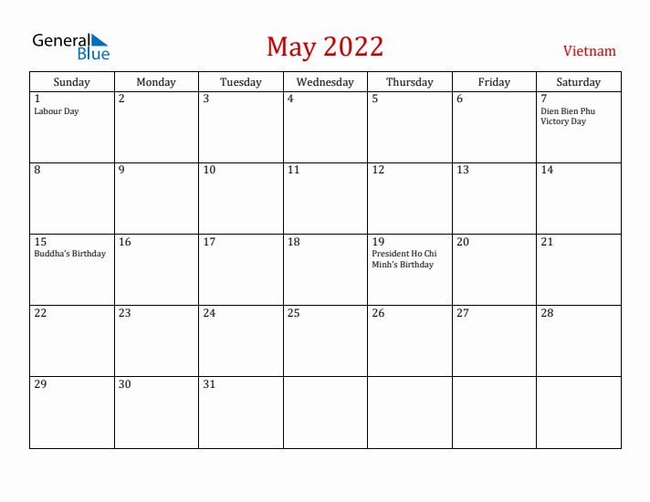 Vietnam May 2022 Calendar - Sunday Start