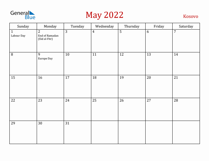 Kosovo May 2022 Calendar - Sunday Start